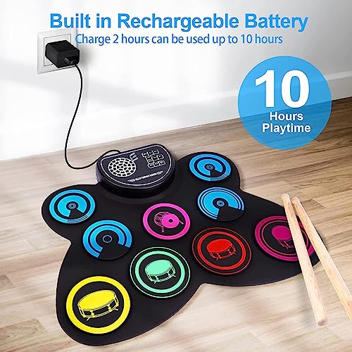 Electronic Drum Set, EKEMOND 9 Drum Practice Pad with Headphone Jack, Roll-up Drum Pad Machine Built-in Speaker Drum Pedals Drum Sticks 10 Hours Playtime, Ideal Christmas Holiday Gift for Kids by JiuJiang YuanXun DianZiShangWu YouXianGongSi