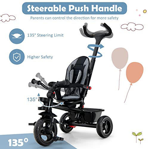 BABY JOY Tricycle, 5 in 1 Toddler Bike W/ Removable Push Handle, Reversible Seat, EVA Wheel, Adjustable Canopy, Cup Holder & Storage, Ideal for Kids 1.5-5 Years Old, Tricycle for Toddler (Grey) by BABY JOY