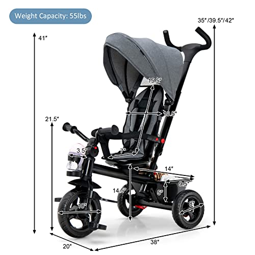 BABY JOY Tricycle, 5 in 1 Toddler Bike W/ Removable Push Handle, Reversible Seat, EVA Wheel, Adjustable Canopy, Cup Holder & Storage, Ideal for Kids 1.5-5 Years Old, Tricycle for Toddler (Grey) by BABY JOY