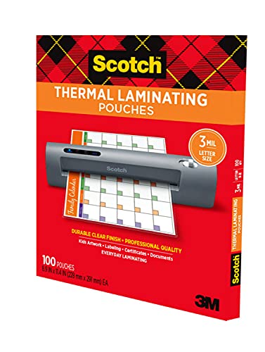 Scotch Thermal Laminating Pouches, 100 Pack Laminating Sheets, 3 Mil, 8.9 x 11.4 Inches, Education Supplies & Craft Supplies, For Use With Thermal Laminators, Letter Size Sheets (TP3854-100) by 3M