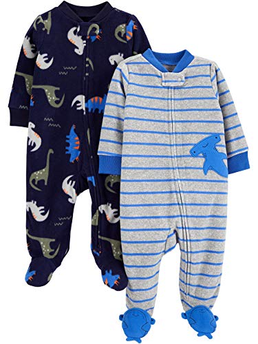 Simple Joys by Carter's Baby Boys' Fleece Footed Sleep and Play, Pack of 2, Blue, Shark/Dinosaur, Preemie from Carter's Simple Joys - Private Label