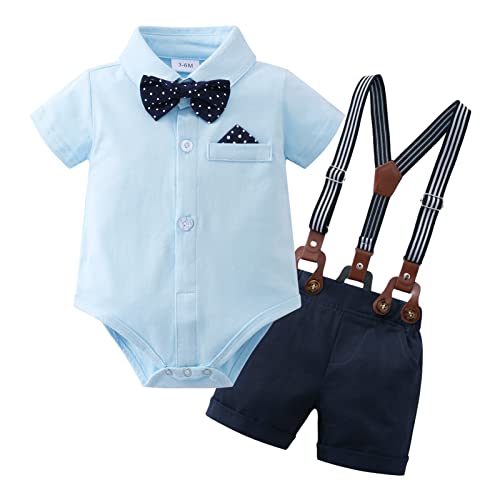 Infant Baby Boy Clothes Gentleman Outfits Suits Summer Short Sleeve Bowtie Bodysuit Shirts + Suspender Shorts(Blue,6-9Mï¼ by 