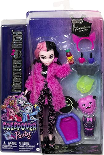 Monster High Doll and Sleepover Accessories, Draculaura Doll Pet Bat Count Fabulous, Creepover Party by Mattel