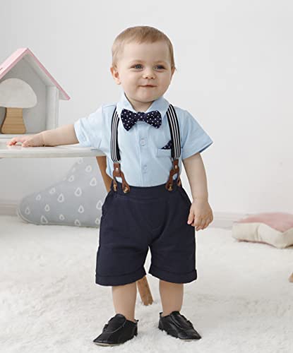 Infant Baby Boy Clothes Gentleman Outfits Suits Summer Short Sleeve Bowtie Bodysuit Shirts + Suspender Shorts(Blue,6-9Mï¼ by 