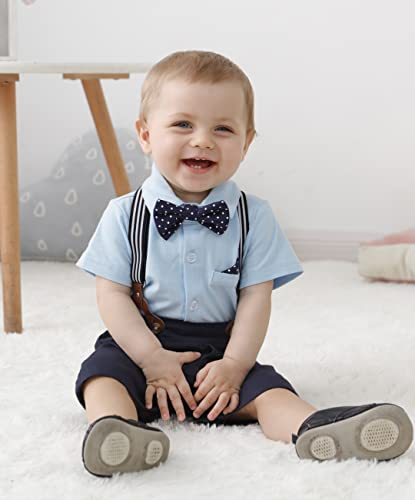 Infant Baby Boy Clothes Gentleman Outfits Suits Summer Short Sleeve Bowtie Bodysuit Shirts + Suspender Shorts(Blue,6-9Mï¼ by 