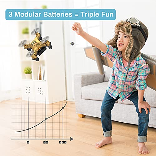Holyton HT02 Golden Mini Drone for Adult Beginners and Kids, Portable RC Quadcopter with Auto Hovering, 3D Flip, 3 Speed Modes, Headless Mode and 3 Batteries, Emergency Stop, Gift for Boys Girls by Holyton