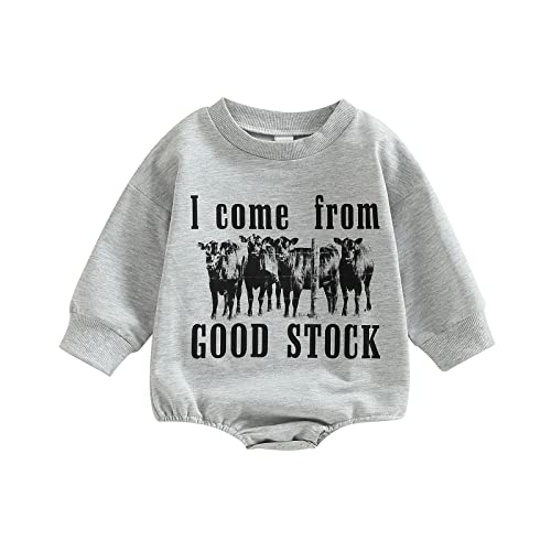 Lamuusaa Western Baby Girl Boy Clothes Long Sleeve Romper Sweatshirt Cow Print Bodysuit Oversized Sweater Fall Outfit 0-24M (Grey, 3-6 Months) from Lamuusaa