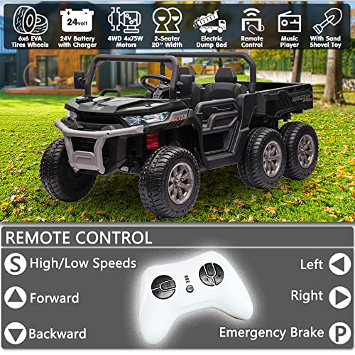 sopbost 24V 4x75W 4WD Kids Ride On Truck with Electric Auto Dump Bed 2 Seater Ride On Car with Remote Control 6 Wheels Side by Side Vehicle with EVA Rubber Tires, Black from sopbost