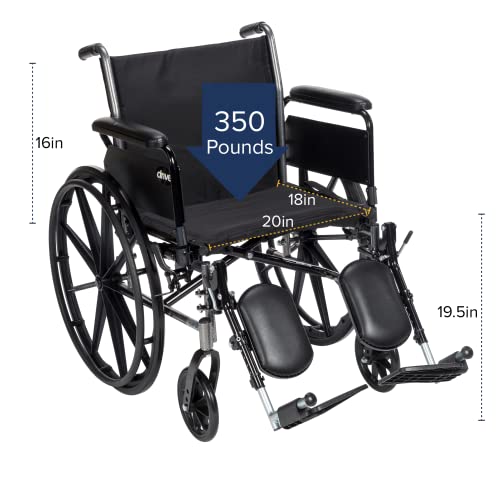 Drive Medical K320DFA-ELR Cruiser III Light Weight Wheelchair with Various Flip Back Arm Styles and Front Rigging Options, Flip Back Removable Full Arms/Elevating Leg Rests, Black, 20 Inch from Drive Medical