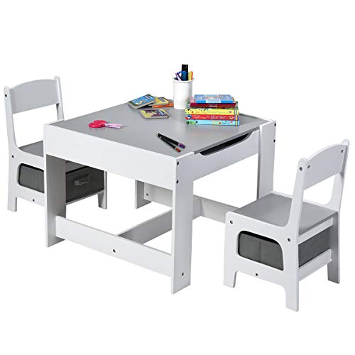 Costzon 3 in 1 Kids Wood Table & 2 Chair Set, Children Activity Table Desk Sets w/Storage Drawer, Detachable Blackboard for Toddlers Drawing Reading Art Playroom, 3-Piece Kid-Sized Furniture (Gray) from Costzon