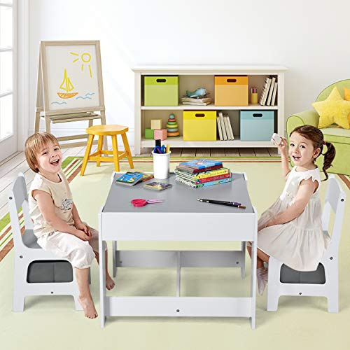 Costzon 3 in 1 Kids Wood Table & 2 Chair Set, Children Activity Table Desk Sets w/Storage Drawer, Detachable Blackboard for Toddlers Drawing Reading Art Playroom, 3-Piece Kid-Sized Furniture (Gray) from Costzon