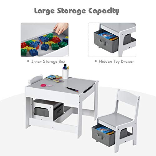 Costzon 3 in 1 Kids Wood Table & 2 Chair Set, Children Activity Table Desk Sets w/Storage Drawer, Detachable Blackboard for Toddlers Drawing Reading Art Playroom, 3-Piece Kid-Sized Furniture (Gray) from Costzon
