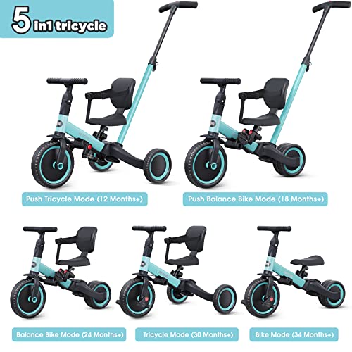 newyoo 5 in 1 Toddler Tricycle with Parent Steering Push Handle for 1,2,3 Years Old Boys and Girls, Kids Push Trike, Toddler Bike with Removable Pedals, Adjustable Seat and Handle, Blue, TR007 by newyoo