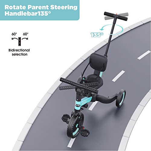 newyoo 5 in 1 Toddler Tricycle with Parent Steering Push Handle for 1,2,3 Years Old Boys and Girls, Kids Push Trike, Toddler Bike with Removable Pedals, Adjustable Seat and Handle, Blue, TR007 by newyoo