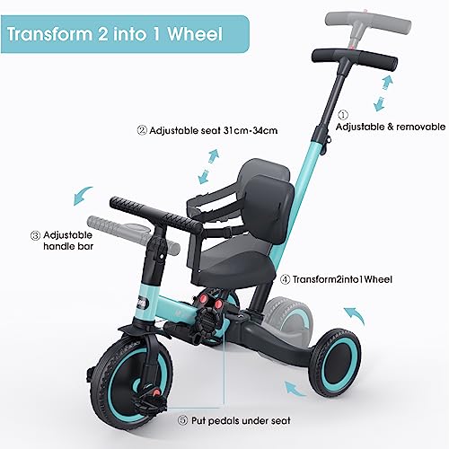newyoo 5 in 1 Toddler Tricycle with Parent Steering Push Handle for 1,2,3 Years Old Boys and Girls, Kids Push Trike, Toddler Bike with Removable Pedals, Adjustable Seat and Handle, Blue, TR007 by newyoo