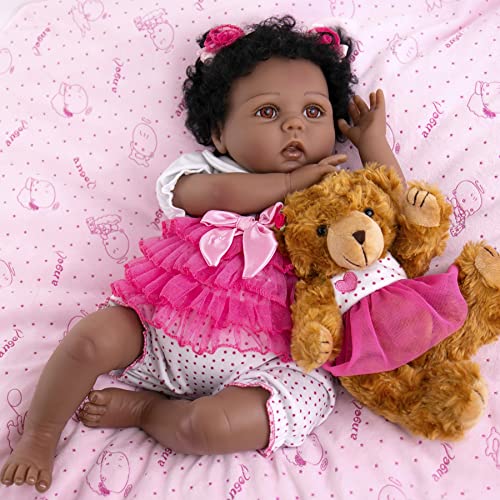 Aori Reborn Baby Dolls Lifelike Weighted Black Girl Doll 22 Inch with Teddy Toy Accessories Best Birthday Set for Girls Age 3 from Aori