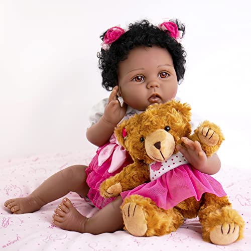 Aori Reborn Baby Dolls Lifelike Weighted Black Girl Doll 22 Inch with Teddy Toy Accessories Best Birthday Set for Girls Age 3 from Aori