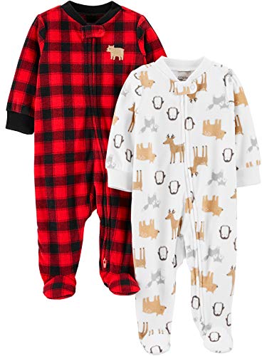 Simple Joys by Carter's Unisex Babies' Fleece Footed Sleep and Play, Pack of 2, Buffalo Check/Animal, 6-9 Months by Carter's Simple Joys - Private Label