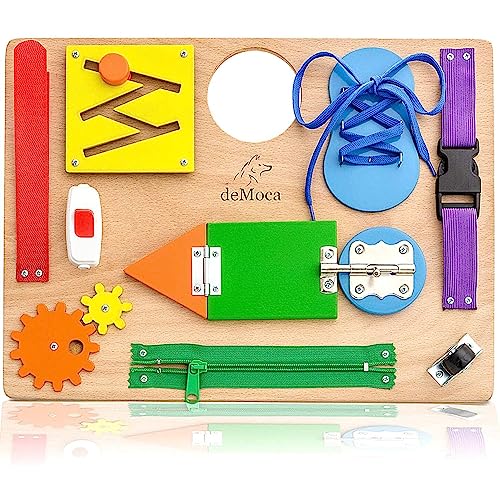 Montessori Busy Board for Toddlers - Wooden Sensory Toys - Toddler Preschool Learning Activities for Fine Motor Skills Travel Toy â Educational Learning Toys for 3 Years Old Boys & Girls from deMoca Busy Board