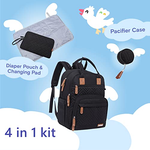 iniuniu Diaper Bag Backpack, 4 in 1 kit Large Unisex Baby Bags for Boys Girls, Waterproof Travel Back Pack with Diaper Pouch, Washable Changing Pad, Pacifier Case and Stroller Straps, Black by iniuniu