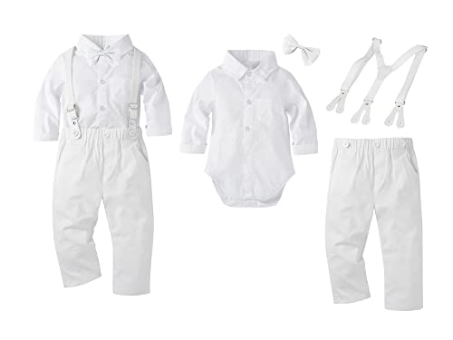 Christening Clothes Wedding Tuxedo Outfit Baby Boys Formal Suit Gentleman Bowtie Long Sleeve Suit(White Suspenders,0-3 Months) by 