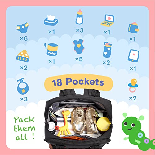 iniuniu Diaper Bag Backpack, 4 in 1 kit Large Unisex Baby Bags for Boys Girls, Waterproof Travel Back Pack with Diaper Pouch, Washable Changing Pad, Pacifier Case and Stroller Straps, Black by iniuniu