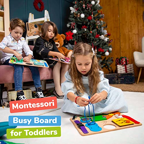 Montessori Busy Board for Toddlers - Wooden Sensory Toys - Toddler Preschool Learning Activities for Fine Motor Skills Travel Toy â Educational Learning Toys for 3 Years Old Boys & Girls from deMoca Busy Board