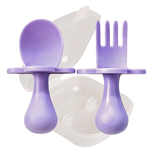Grabease Baby and Toddler Self-Feeding Utensils â Spoon and Fork Set for Baby-Led Weaning â Made of Non-Toxic Plastic â Featuring Protective Barriers to Prevent Choking and Gagging by Elli&Nooli
