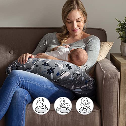 Boppy Nursing Pillow and PositionerâOriginal | Gray Dinosaurs with White, Black and Blue | Breastfeeding, Bottle Feeding, Baby Support | With Removable Cotton Blend Cover | Awake-Time Support from AmazonUs/BOPB7