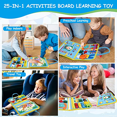 HitTopss Busy Board for Toddlers, Sensory Activity Board for Travel Car Airplane, 25-in-1 Montessori Educational Toys for Learning Fine Motor Skills, Gift for Boys Girls (Blue) from HitTopss
