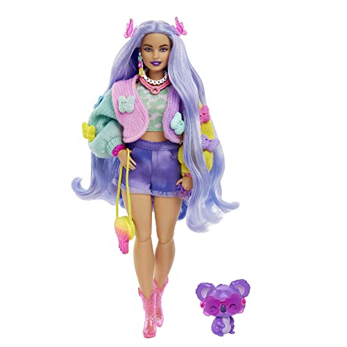 Barbie Doll with Pet Koala, Barbie Extra, Kids Toys, Clothes and Accessories, Wavy Lavender Hair, Colorful Butterfly Sweater, Pink Boots from Mattel