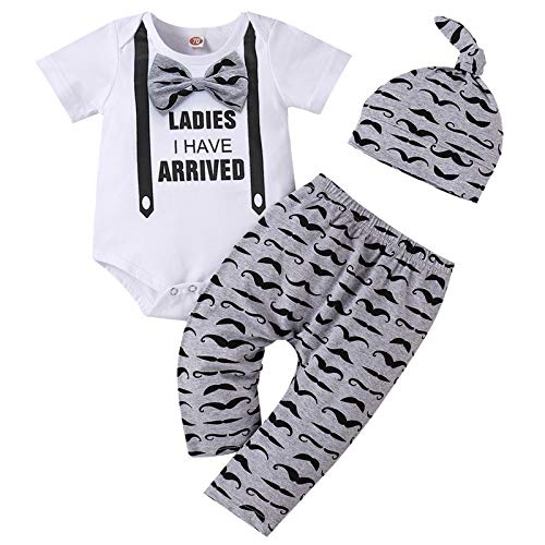Baby Boy Clothes Stuff Infant Summer 3 Piece Outfits Newborn Cute Letter Printed Romper Short Sleeve + Pants + Hat Funny Letter Printed White Grey Mustache 70cm by Tikoubabe