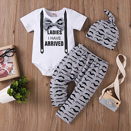 Baby Boy Clothes Stuff Infant Summer 3 Piece Outfits Newborn Cute Letter Printed Romper Short Sleeve + Pants + Hat Funny Letter Printed White Grey Mustache 70cm by Tikoubabe