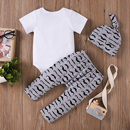 Baby Boy Clothes Stuff Infant Summer 3 Piece Outfits Newborn Cute Letter Printed Romper Short Sleeve + Pants + Hat Funny Letter Printed White Grey Mustache 70cm by Tikoubabe