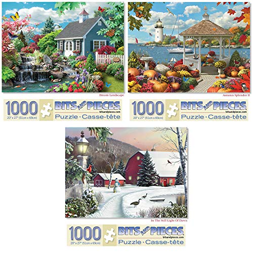 Bits and Pieces - Value Set of Three (3) 1000 Piece Jigsaw Puzzles for Adults - Each Puzzle 20" X 27"-1000 pc 3 Season Scenic Nostalgic Dream, Autumn Splendor, Still Light of Dawn by Artist Alan Giana from Melville Direct