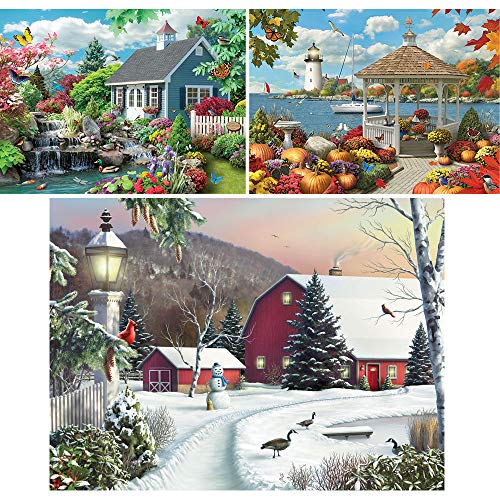 Bits and Pieces - Value Set of Three (3) 1000 Piece Jigsaw Puzzles for Adults - Each Puzzle 20" X 27"-1000 pc 3 Season Scenic Nostalgic Dream, Autumn Splendor, Still Light of Dawn by Artist Alan Giana from Melville Direct