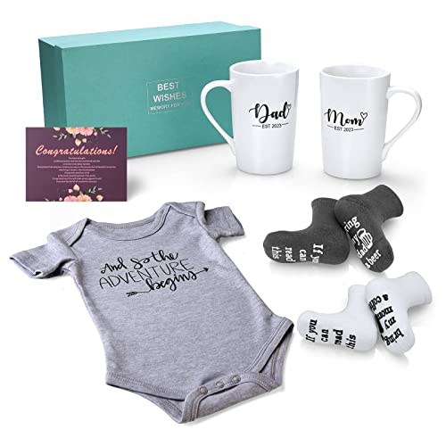 Pregnancy Gifts for First Time Moms â Mom and Dad Est 2021 14 oz Mug Set with Onesie and Baby Socks, Greeting Card - Top New Parents Gifts for Mom and Dad to Be - Idea for Baby Shower, Gender Reveal by SUKAIES