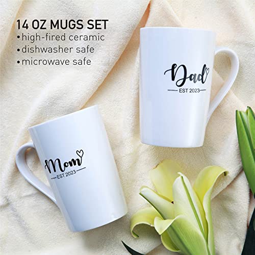 Pregnancy Gifts for First Time Moms â Mom and Dad Est 2021 14 oz Mug Set with Onesie and Baby Socks, Greeting Card - Top New Parents Gifts for Mom and Dad to Be - Idea for Baby Shower, Gender Reveal by SUKAIES