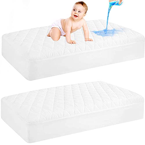 2 Pack Waterproof Crib Mattress Protector, Quilted Fitted Baby Mattress Cover, Extra Soft Breathable Toddler Mattress Pad 52x28-fits up to 9" , White by GRT