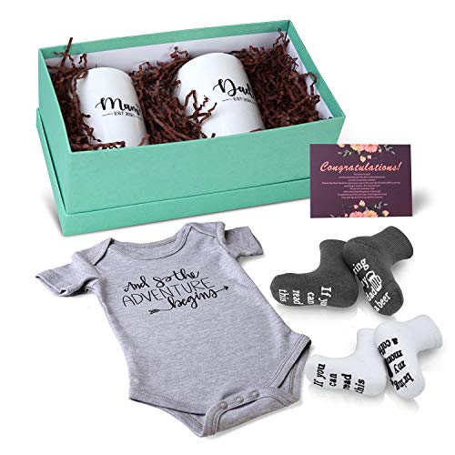 Pregnancy Gifts for First Time Moms â Mom and Dad Est 2021 14 oz Mug Set with Onesie and Baby Socks, Greeting Card - Top New Parents Gifts for Mom and Dad to Be - Idea for Baby Shower, Gender Reveal by SUKAIES