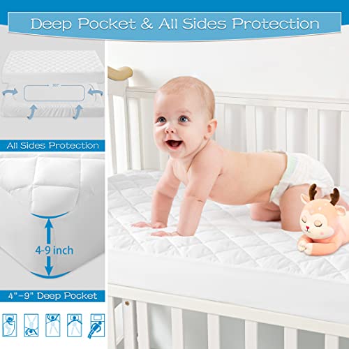 2 Pack Waterproof Crib Mattress Protector, Quilted Fitted Baby Mattress Cover, Extra Soft Breathable Toddler Mattress Pad 52x28-fits up to 9" , White by GRT