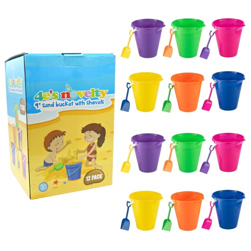 4E's Novelty 9" Large Sand Bucket with Shovel [12 Pack Bulk] Beach Buckets - Beach Toys for Kids & Toddlers, Party Favors by 4E's Novelty