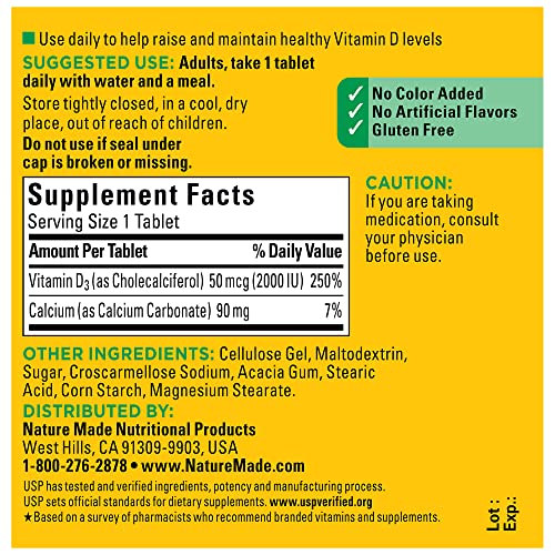 Nature Made Vitamin D3, 125 Tablets, Vitamin D 2000 IU (50 mcg) Helps Support Immune Health, Strong Bones and Teeth, & Muscle Function, 250% of The Daily Value for Vitamin D in One Daily Tablet from AmazonUs/PHAF9