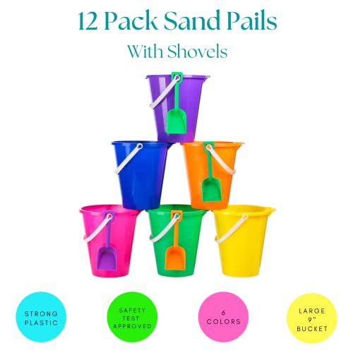 4E's Novelty 9" Large Sand Bucket with Shovel [12 Pack Bulk] Beach Buckets - Beach Toys for Kids & Toddlers, Party Favors by 4E's Novelty