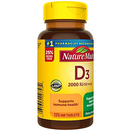 Nature Made Vitamin D3, 125 Tablets, Vitamin D 2000 IU (50 mcg) Helps Support Immune Health, Strong Bones and Teeth, & Muscle Function, 250% of The Daily Value for Vitamin D in One Daily Tablet from AmazonUs/PHAF9