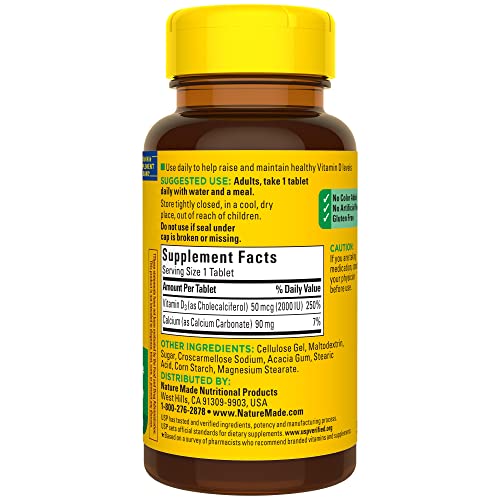Nature Made Vitamin D3, 125 Tablets, Vitamin D 2000 IU (50 mcg) Helps Support Immune Health, Strong Bones and Teeth, & Muscle Function, 250% of The Daily Value for Vitamin D in One Daily Tablet from AmazonUs/PHAF9