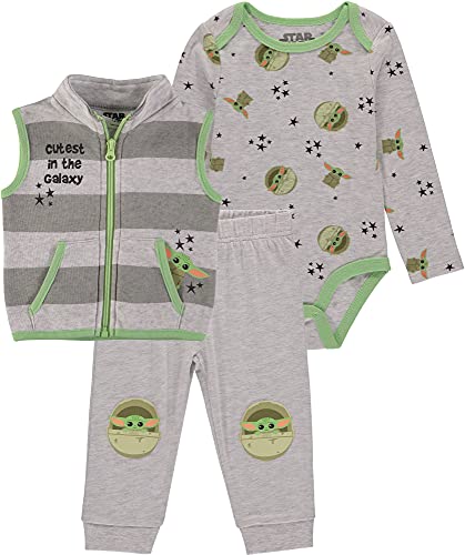 Star Wars Baby Boy 3 Piece Baby Yoda Set Includes Bodysuit, Pants and a Zip-up Fleece Vest - 3-6 Months from 
