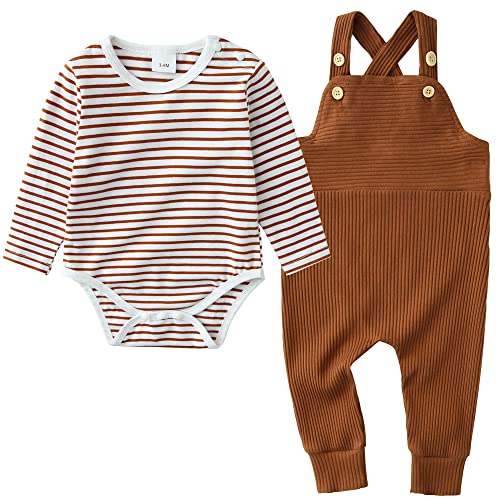 Newborn Baby Boy Clothes,2Pcs Infant Boy Romper Bodysuit Fall Winter Stripe Outfits + Bib Overall Pants (6-12 Months) from 