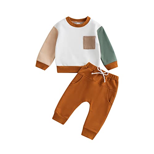 Toddler Baby Boy Fall Winter Outfits Colorblock Crewneck Sweatshirt Casual Pants Outfit 2Pcs Clothes Set (White, 12-18 Months) by Chloefairy