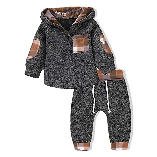 Toddler Infant Baby Boys Clothes Christmas Plaid Long Sleeve Hoodie Sweatshirt Pants Kids Fall Winter 2Pcs Outfits Set(Khaki Plaid, 12-18 Months(90)) from 